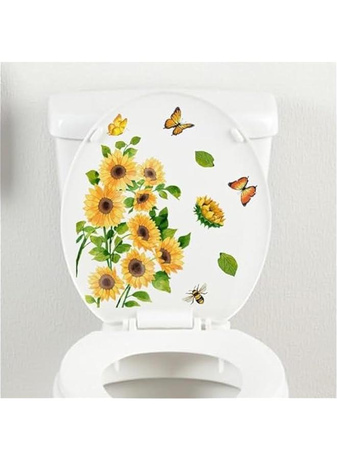 Sunflower Bathroom Toilet Sticker Self-Adhesive Waterproof PVC Wall Murals Yellow Floral Toilet Lid Decals Sticker Home Art Decor DIY Removable Waterproof Toilet Sticker, Toilet Lid Decals - Image 1