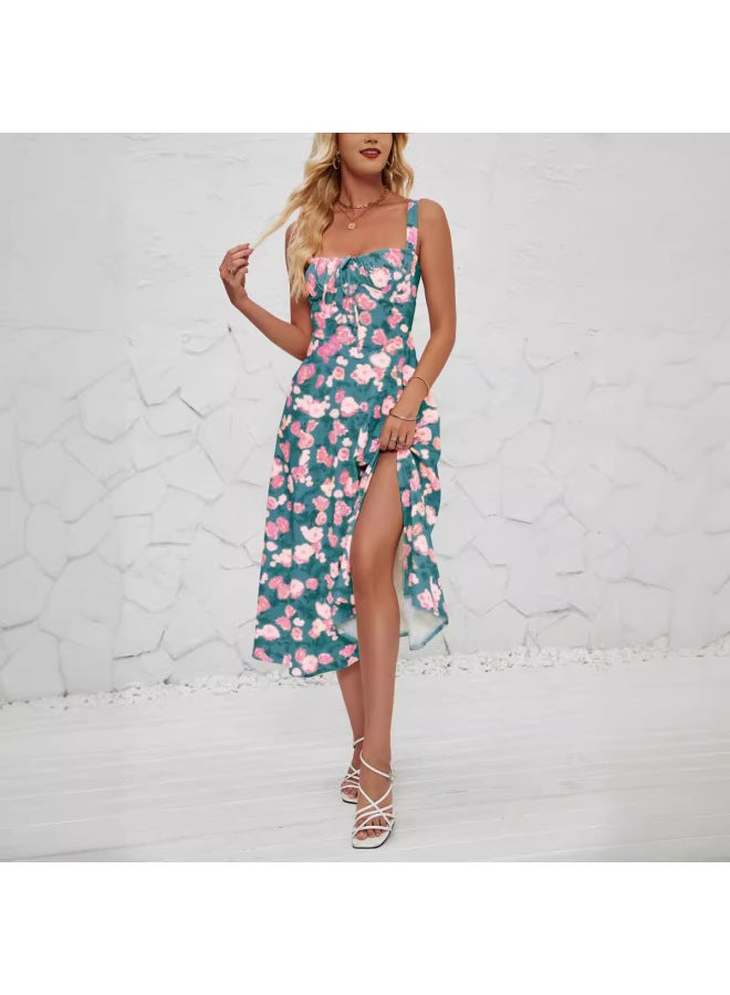 SPRING Summer Straps European And American Women's Fashion Floral Print Pastoral Long Elegant Dress - Image 4