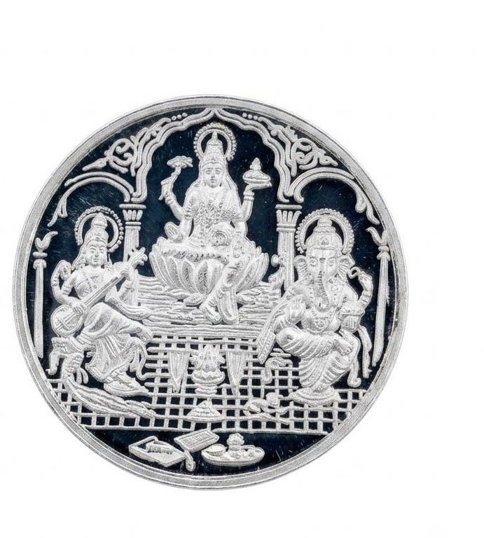 KHUSHBOO JEWELS 20G 999 FINE PURE SILVER LAKSHMI GANESHA SARASWATI COIN - Image 1