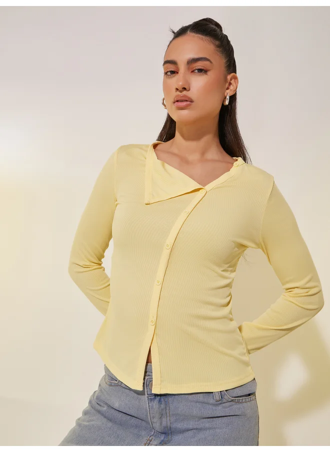 Take Two Take Two Solid Asymmetric Neck Knit Top with Button Detail