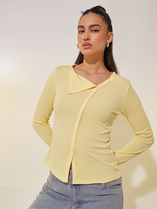Styli Styli Solid Asymmetric Neck Knit Top with Button Detail  - Image 1