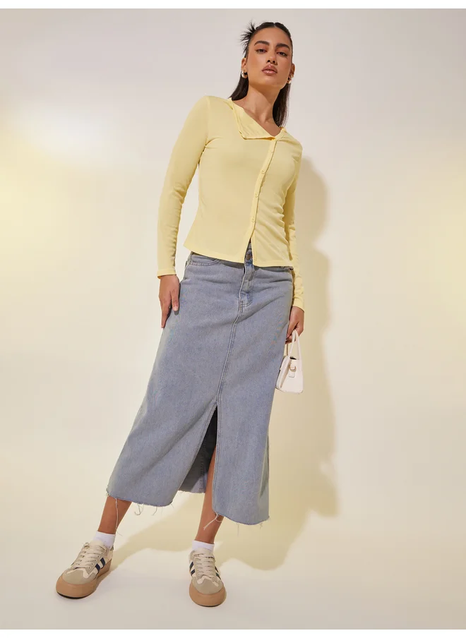 Take Two Take Two Solid Asymmetric Neck Knit Top with Button Detail