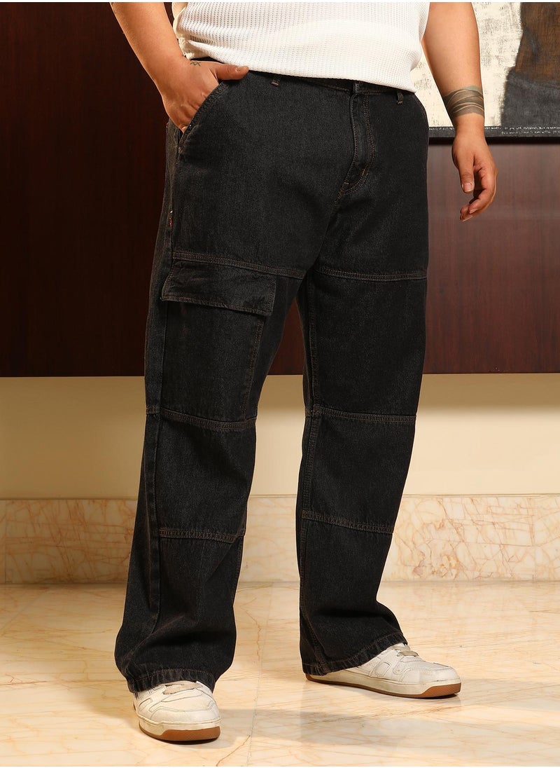 Instafab Plus Instafab Plus Men's Midnight Black Panelled-Utility Denim Jeans For Casual Wear | Mid-Rise | Straight Fit | Button Closure | Plus Size Denim Jeans Crafted With Comfort Fit For Everyday Wear  - Image 3