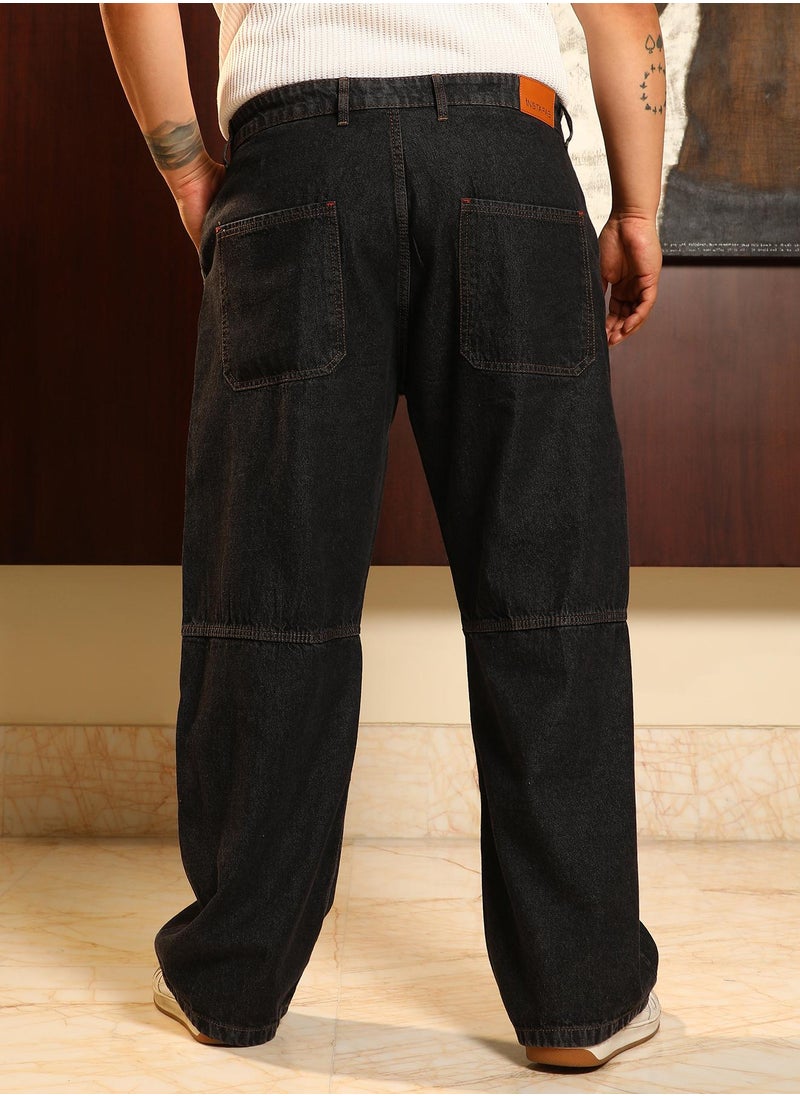Instafab Plus Instafab Plus Men's Midnight Black Panelled-Utility Denim Jeans For Casual Wear | Mid-Rise | Straight Fit | Button Closure | Plus Size Denim Jeans Crafted With Comfort Fit For Everyday Wear  - Image 5