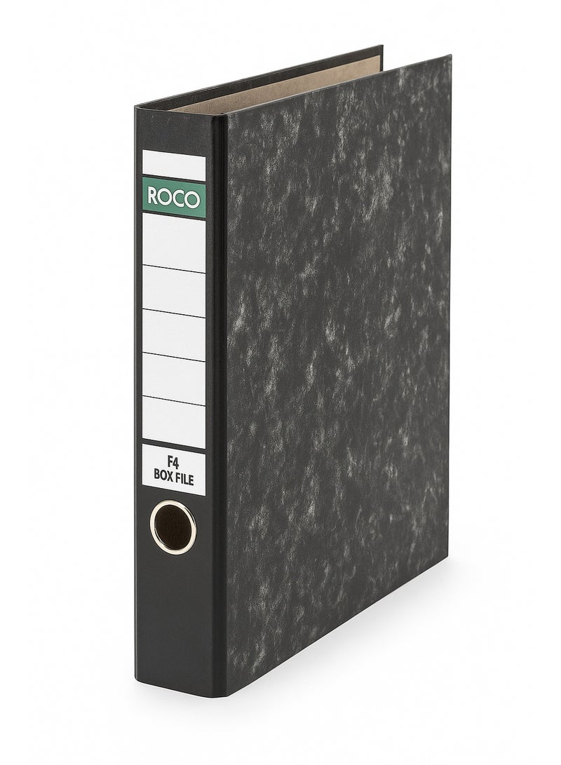ROCO Standard Box File – F4 Size, 5 cm Capacity, Pressboard Material, with Sheet Lifter, Black Color - Image 1