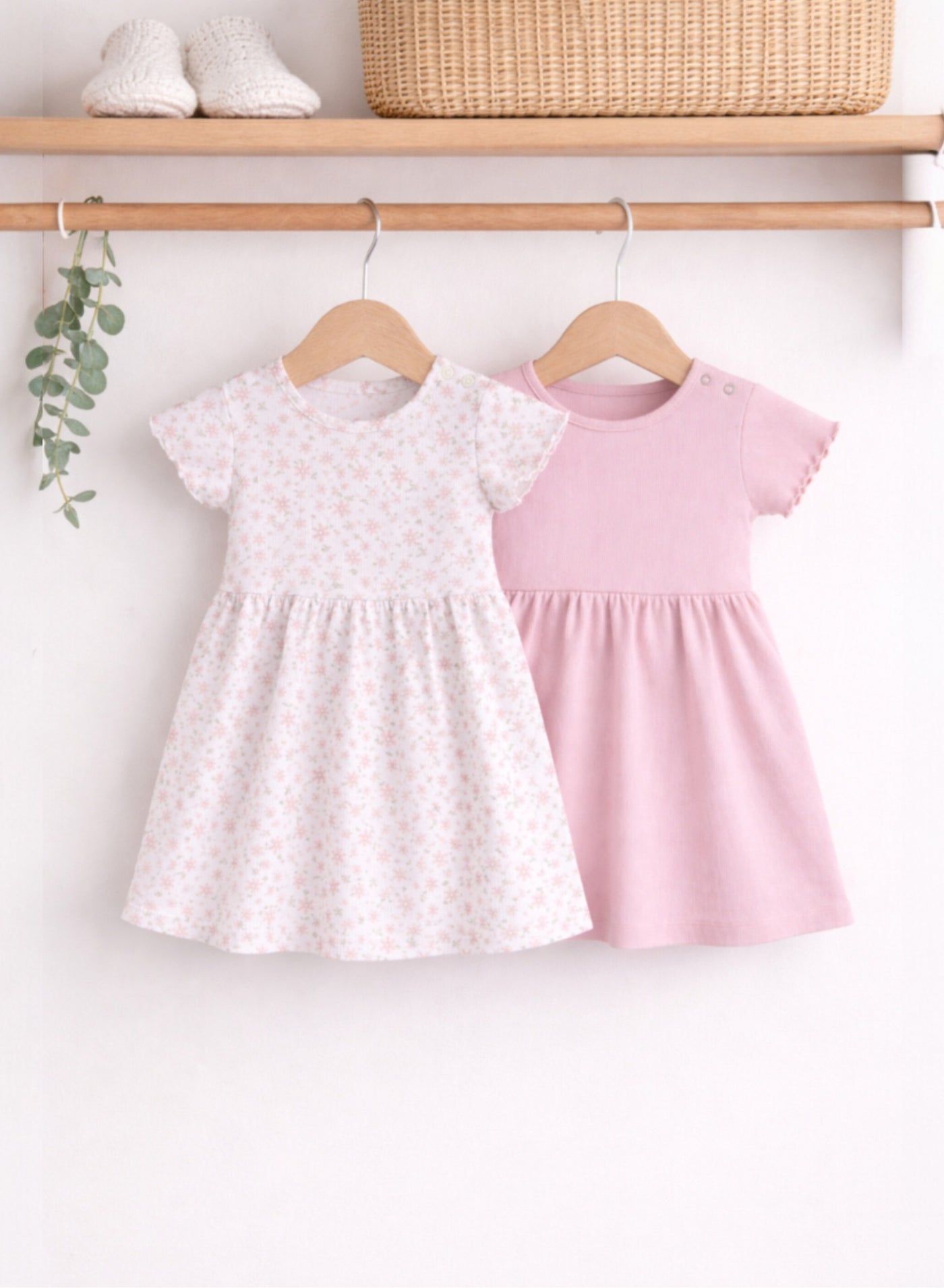 victor and jane Infant Girls 2-Pack Rib Dresses (Floral & Solid Pink)