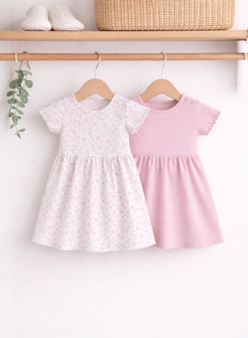 victor and jane Infant Girls 2-Pack Rib Dresses (Floral & Solid Pink) - Image 1