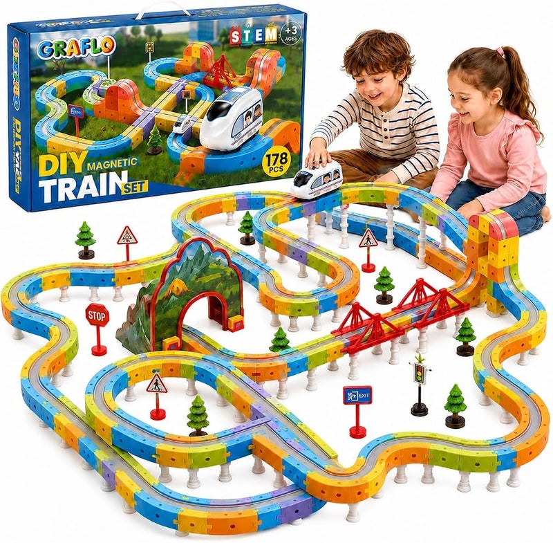 GRAFLO 178PCS Magnetic Train Building Blocks Set – STEM Educational Magnetic Tiles for Kids, Construction Stacking Toy with Train Cars, Tracks & Figures, Creative Gift for Boys & Girls Ages 3-8 - Image 1