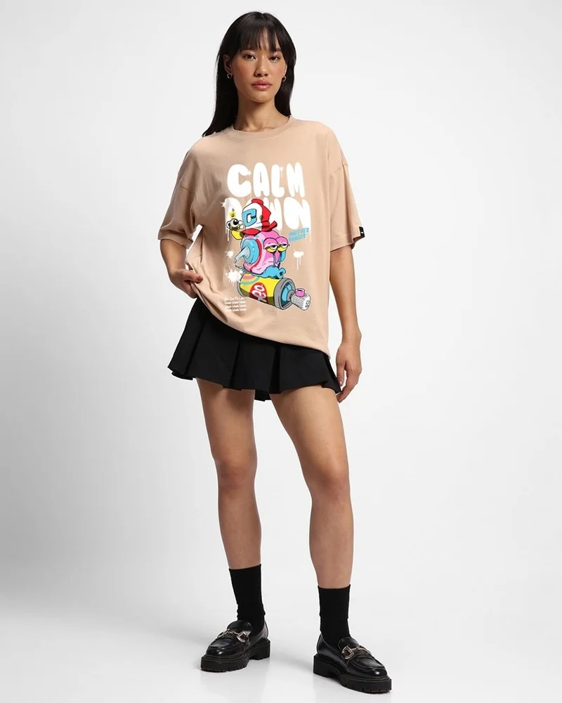 bewakoof  Women's Brown Calm Down Graphic Printed Oversized T-shirt for Women | Best Price UAE