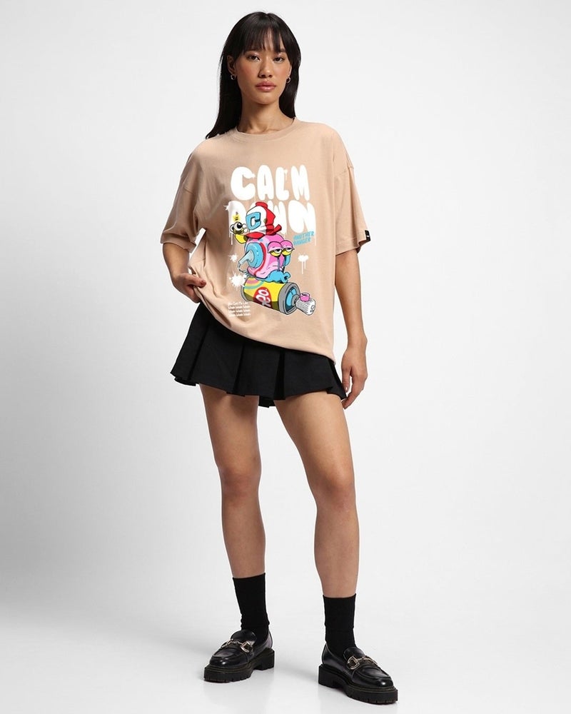 bewakoof Women's Brown Calm Down Graphic Printed Oversized T-shirt - Image 5