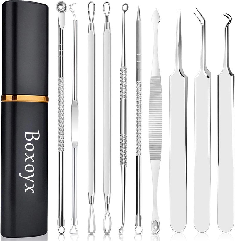 Boxoyx Pimple Popper Tool Kit - 10 Pcs Blackhead Remover Comedone Extractor Kit with Metal Case for Quick and Easy Removal of Pimples, Blackheads, Zit Removing, Forehead,Facial and Nose(Silver) - Image 1