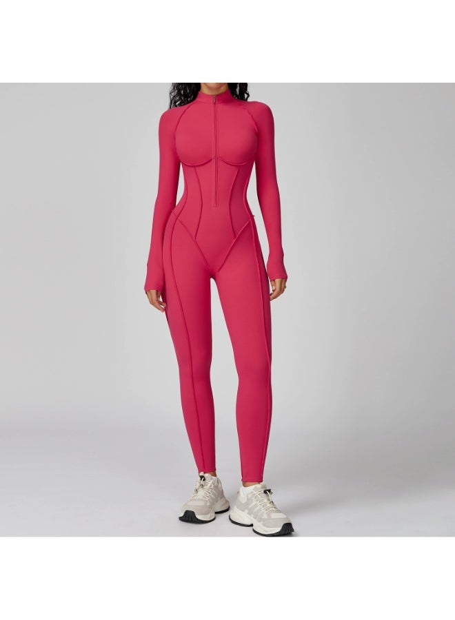 general AEEZO Womens Contour Seams Long Sleeve Padded Workout Jumpsuit Zip Up Tummy Control One Piece Bodycon Yoga Rompers - Image 1