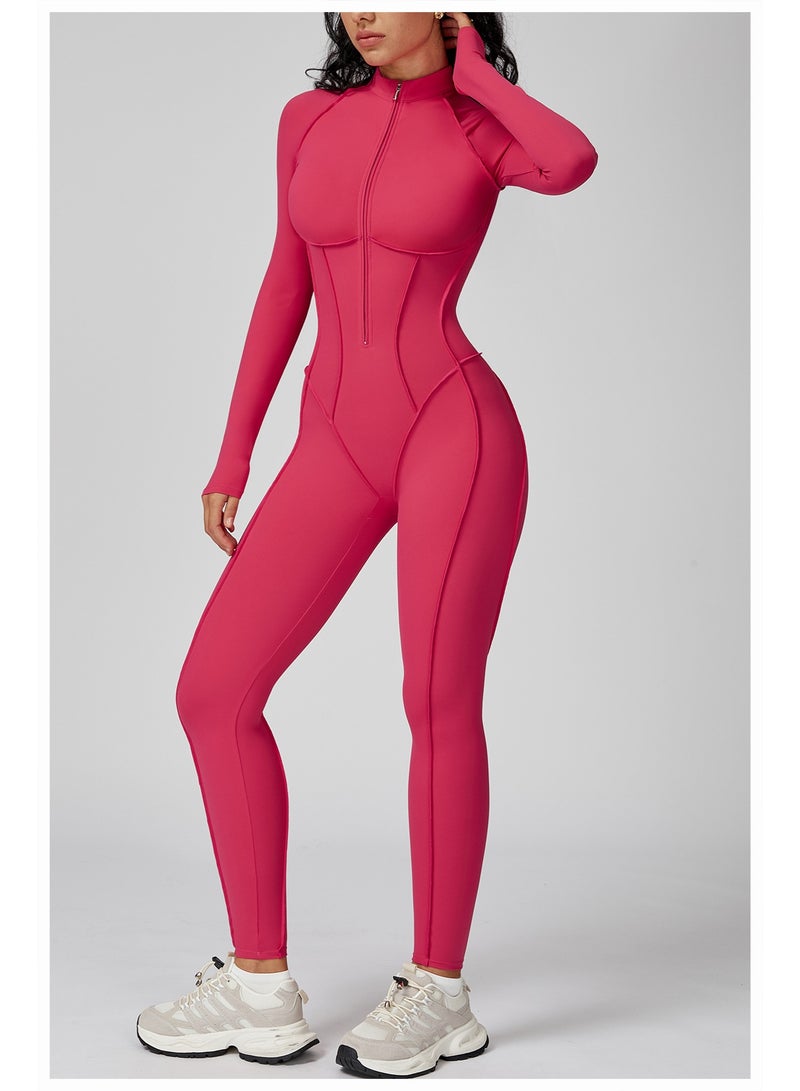 general AEEZO Womens Contour Seams Long Sleeve Padded Workout Jumpsuit Zip Up Tummy Control One Piece Bodycon Yoga Rompers - Image 2