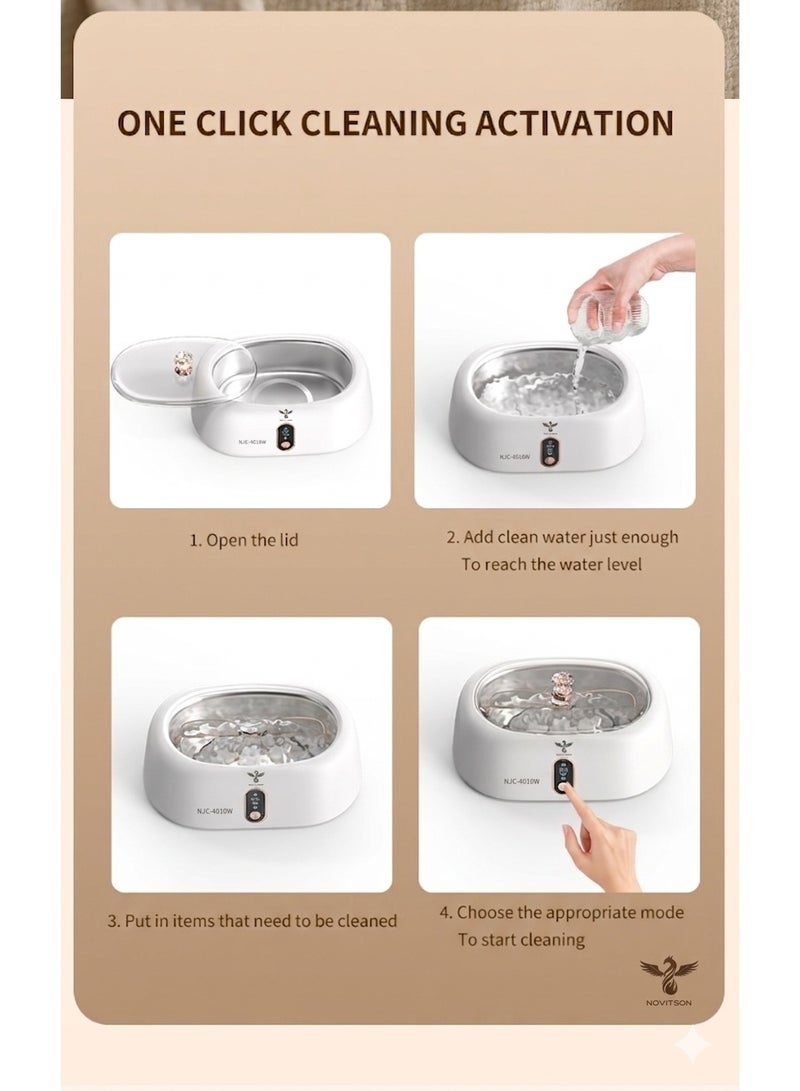 Novitson NJC-4010W Automatic Ultrasonic Cleaner 500ML – Powerful Cleaning for Ornaments, Eyewear & Daily Essentials, Stable Plug In Operation, Modern Lightweight Build, White - Image 5