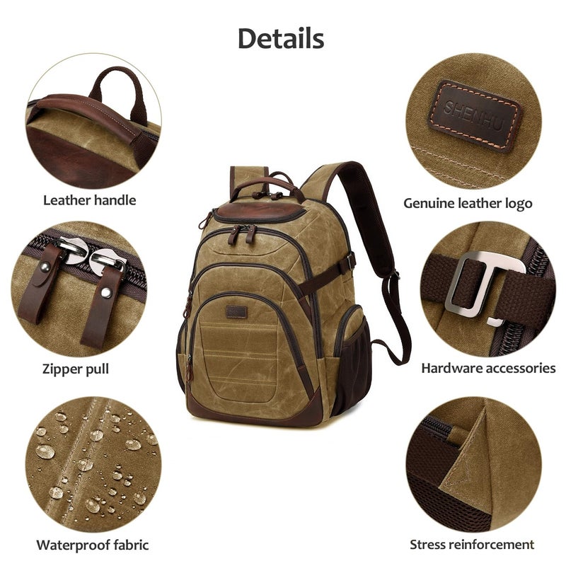 SHENHU Travel Laptop Backpack 17.3 inch XL Computer Backpack for Men Waxed Canvas College Daypack Business Backpack Brown - Image 5
