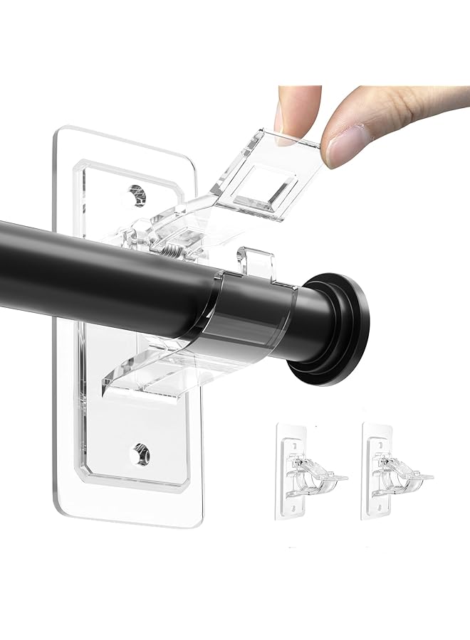 erorex 2 Pack No Drill Needed Curtain Rod Holders Brackets Self Adhesive Rod Holder Hooks Adjustable Nail Free Rod Bracket for Bedroom Bathroom and Living Room Hotel Use - Image 1