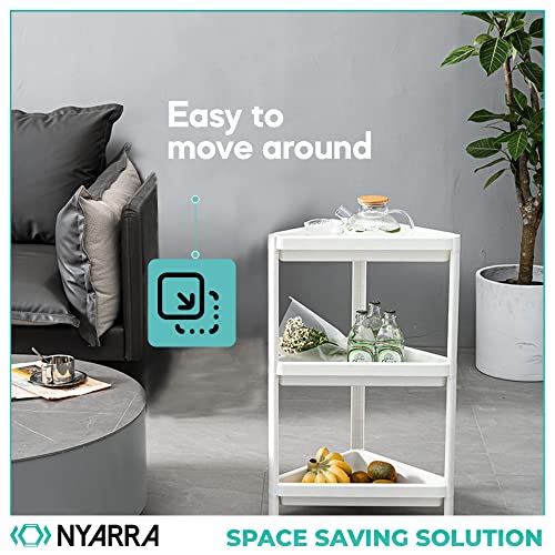Nyarra 3-Tier Corner Trolley for Fruits and Vegetables, Storage Organizer Trolley Cart with Wheels, Corner Storage Cart for Bathroom, Kitchen, Bedroom, Living Room, [Nr-1743] - Plastic, White - Image 3