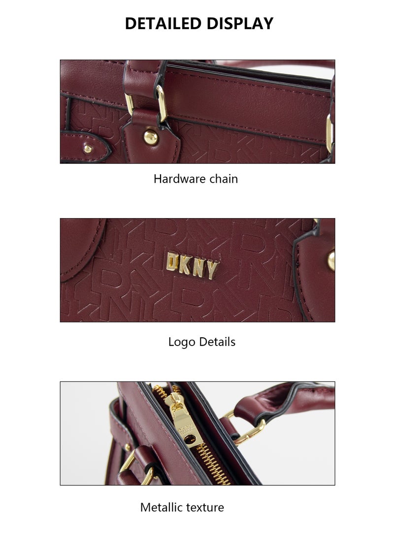 Donna Karan 2026 New Design Vintage Structured DKNY Satchel Handbag Full Embossed Signature Pattern Dual Side Belt Decor Gold Metal Hardware  Ladies Formal Commute Tote Purse - Image 5