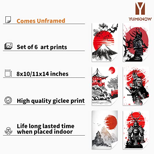 YUMKNOW Japanese Art Wall Decor - Unframed 11x14 Set of 6, Modern Minimalist Asian Oriental Decor for Living Room, Samurai Armor Warriors Prints Posters for Bedroom, Japan Red White Art Office Gifts - Image 2
