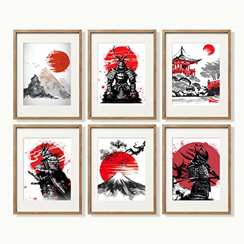 YUMKNOW Japanese Art Wall Decor - Unframed 11x14 Set of 6, Modern Minimalist Asian Oriental Decor for Living Room, Samurai Armor Warriors Prints Posters for Bedroom, Japan Red White Art Office Gifts - Image 1