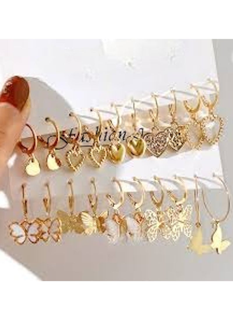 Huitich 12-Pair Gold Colour Tone Dangle Hoop Earrings Set – Charms, Pearls & Butterflies  - Image 1