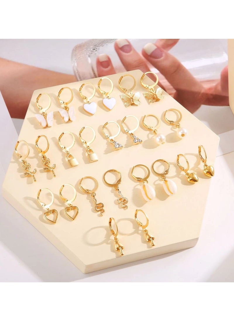 Huitich 12-Pair Gold Colour Tone Dangle Hoop Earrings Set – Charms, Pearls & Butterflies  - Image 4