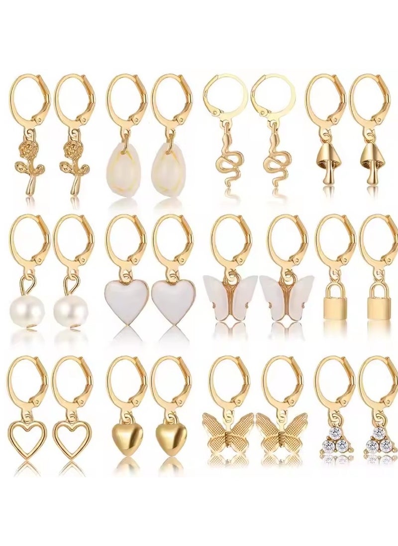 Huitich 12-Pair Gold Colour Tone Dangle Hoop Earrings Set – Charms, Pearls & Butterflies  - Image 2