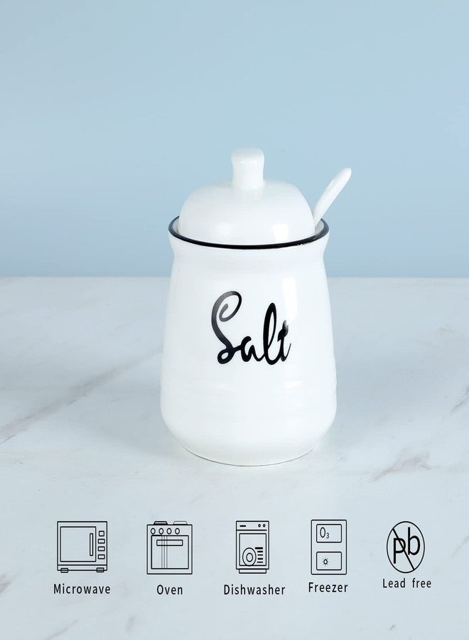هاو توب وعاء ملح من الخزف الريفي من هاوتوب مع غطاء وملعقة، سعة 12 أونصة، سهل التنظيف (أبيض) - Image 3