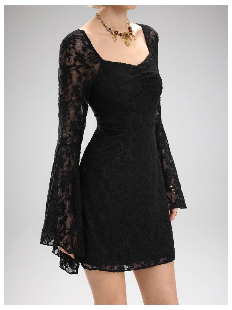 WDIRARA Women's Floral Jacquard Mesh Gothic Dress Bell Long Sleeve A Line Vintage Dresses Deep Black Medium - Image 3