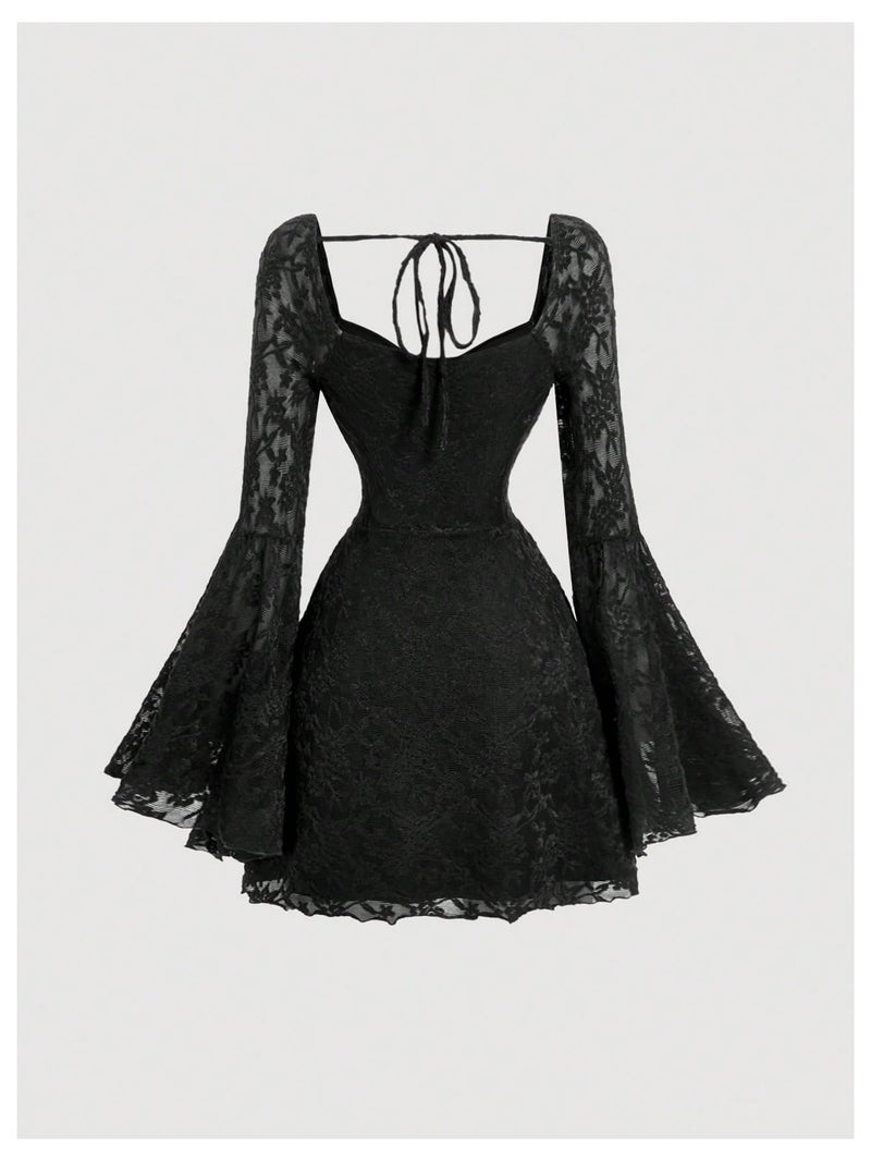 WDIRARA Women's Floral Jacquard Mesh Gothic Dress Bell Long Sleeve A Line Vintage Dresses Deep Black Medium - Image 4