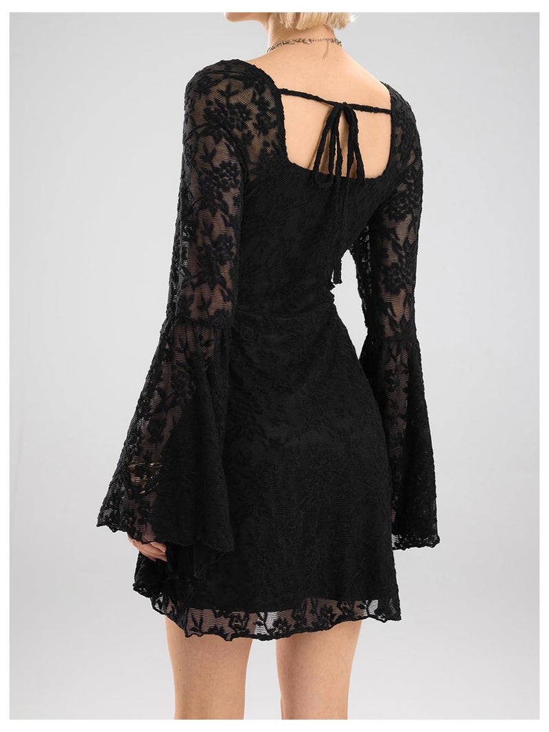 WDIRARA Women's Floral Jacquard Mesh Gothic Dress Bell Long Sleeve A Line Vintage Dresses Deep Black Medium - Image 5