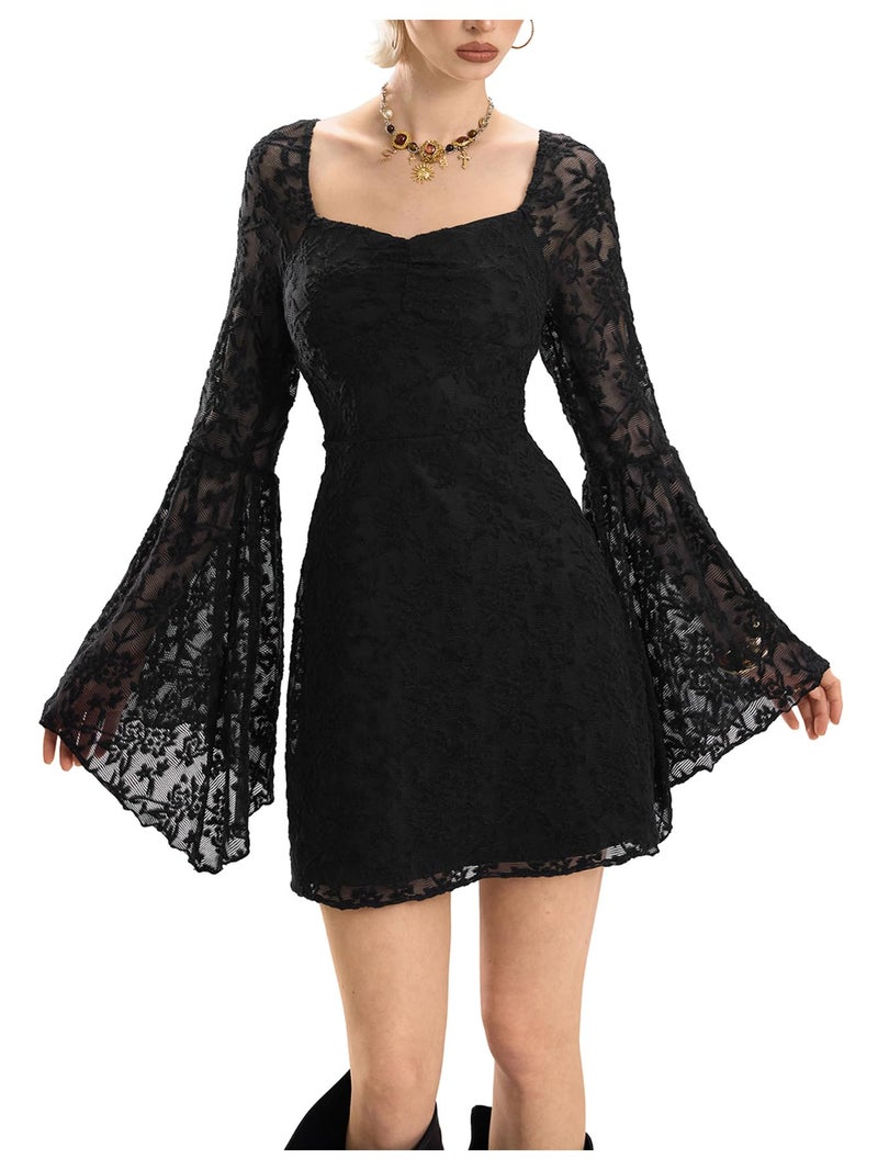WDIRARA Women's Floral Jacquard Mesh Gothic Dress Bell Long Sleeve A Line Vintage Dresses Deep Black Medium - Image 2