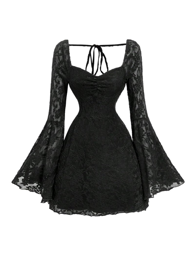 WDIRARA Women's Floral Jacquard Mesh Gothic Dress Bell Long Sleeve A Line Vintage Dresses Deep Black Medium - Image 1