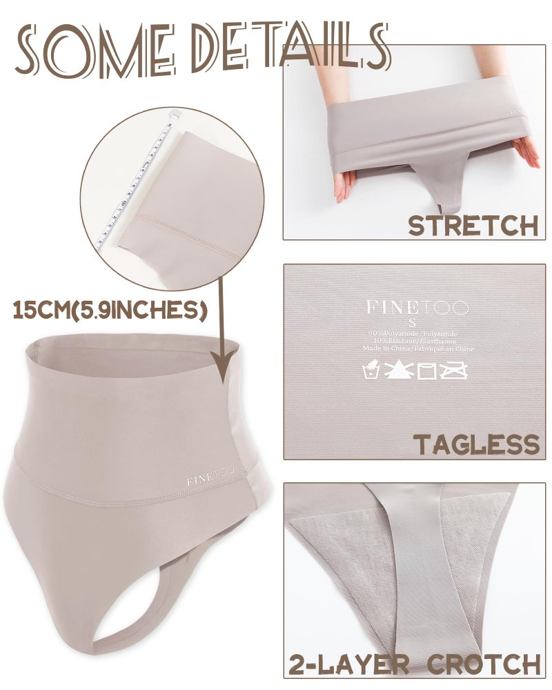 FINETOO Women Underwear High Waisted Thongs Tummy Control Seamless Thongs Shapewear No Show Panties 4 Pack S-3XL - Image 4