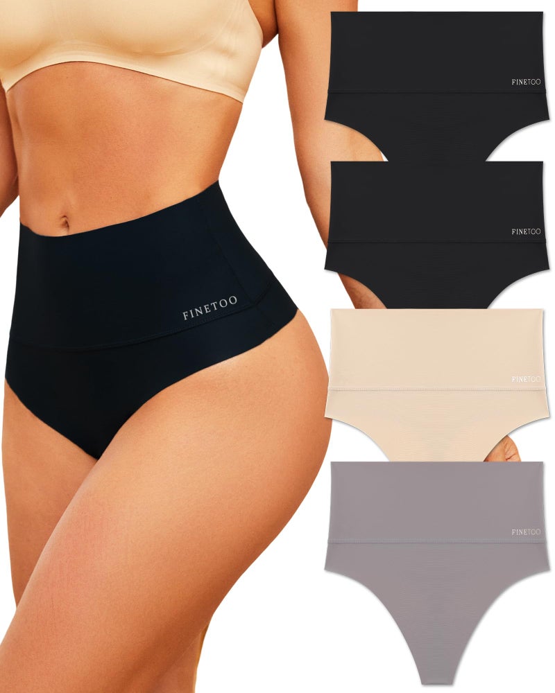 FINETOO Women Underwear High Waisted Thongs Tummy Control Seamless Thongs Shapewear No Show Panties 4 Pack S-3XL - Image 1