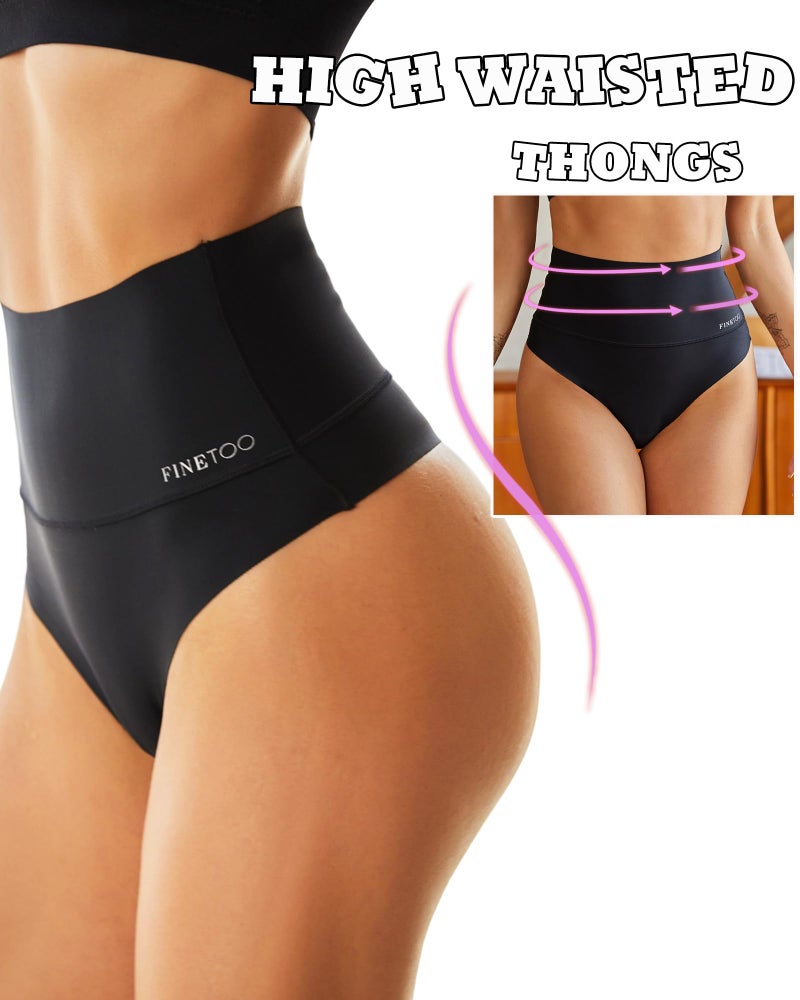 FINETOO Women Underwear High Waisted Thongs Tummy Control Seamless Thongs Shapewear No Show Panties 4 Pack S-3XL - Image 2