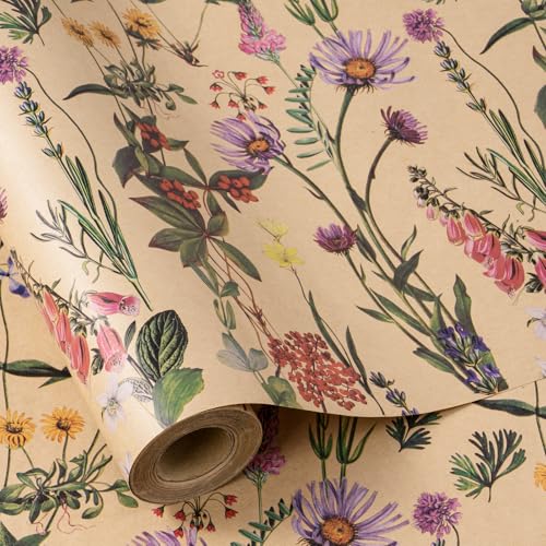 RUSPEPA Wildflower Floral Wrapping Paper Roll for Women 17 Inches x 16 4 Feet Mini Roll Herbal Kraft Wrapping Paper for Christian Gifts Birthdays Weddings Bridal Shower and Engagement - Image 1