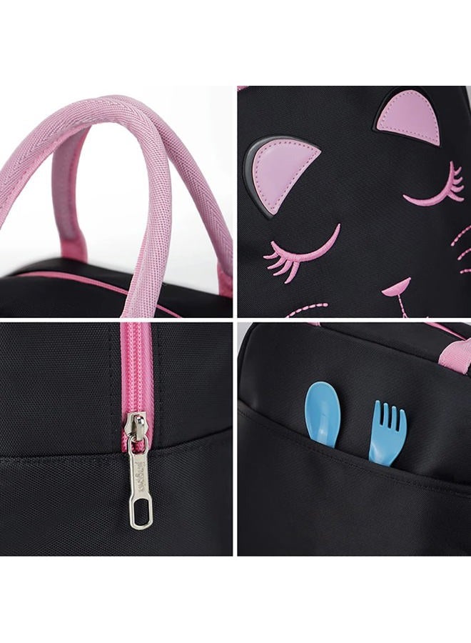 FEWOFJ Portable Insulated Lunch Bag for Kids Girls Cute Reusable Lunch Box for School Picnic Leakproof Lunch Tote Handbag (Black) - Image 4