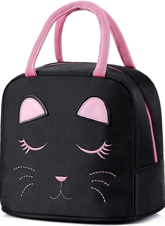 FEWOFJ Portable Insulated Lunch Bag for Kids Girls Cute Reusable Lunch Box for School Picnic Leakproof Lunch Tote Handbag (Black) - Image 1