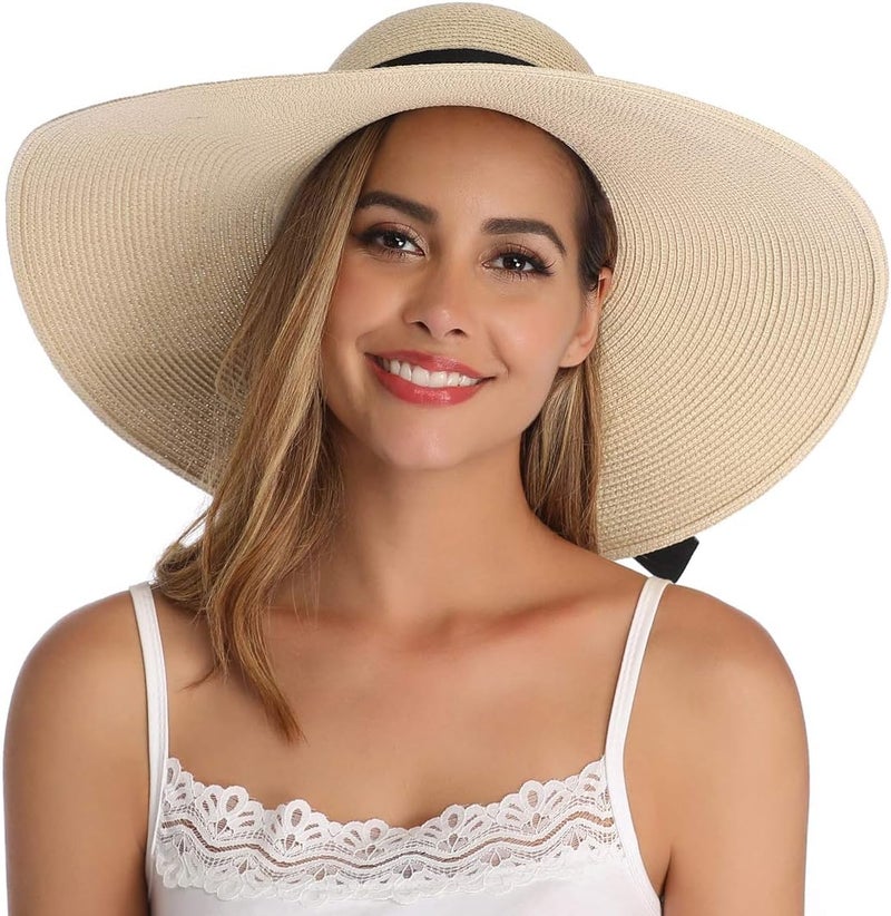 Lanzom Womens Wide Brim Straw Hat Big Floppy Foldable Roll up Cap Beach Sun Hat UPF 50+ - Image 4