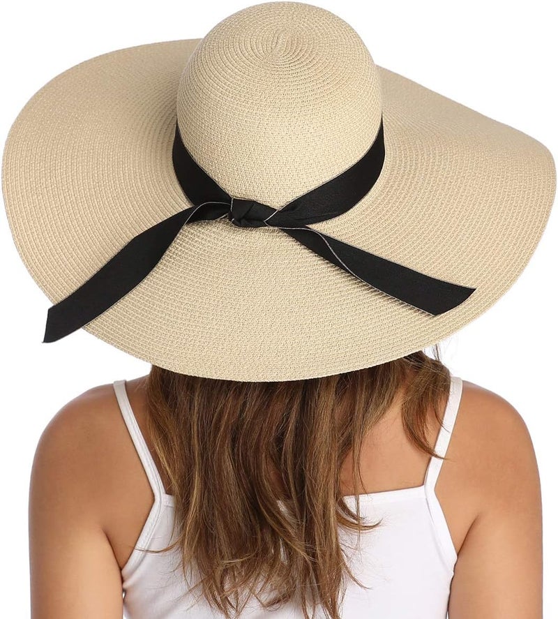 Lanzom Womens Wide Brim Straw Hat Big Floppy Foldable Roll up Cap Beach Sun Hat UPF 50+ - Image 1