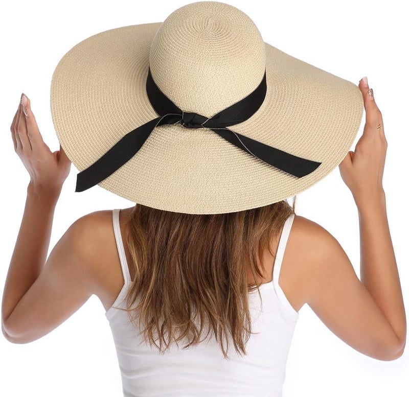 Lanzom Womens Wide Brim Straw Hat Big Floppy Foldable Roll up Cap Beach Sun Hat UPF 50+ - Image 2