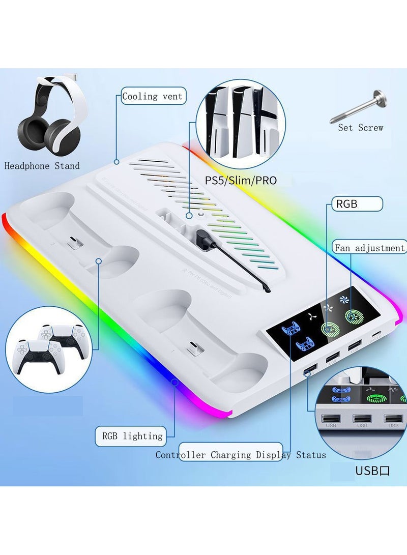 PS5 Standard/Slim/Pro Cooling Stand with Dual Controller Charging Dock with LED Light, Vertical Stand with Game Disc Storage, and Accessories for PlayStation 5 Console - Image 4