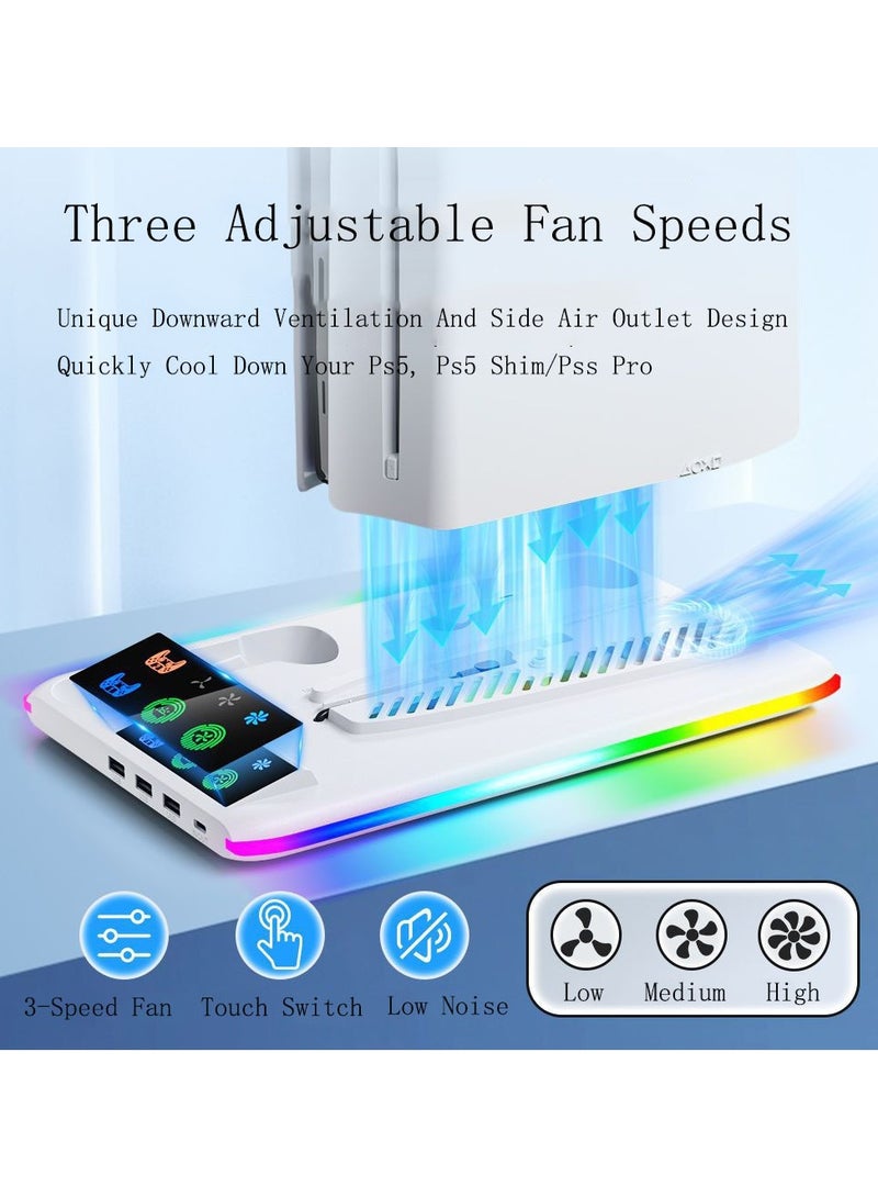 PS5 Standard/Slim/Pro Cooling Stand with Dual Controller Charging Dock with LED Light, Vertical Stand with Game Disc Storage, and Accessories for PlayStation 5 Console - Image 3