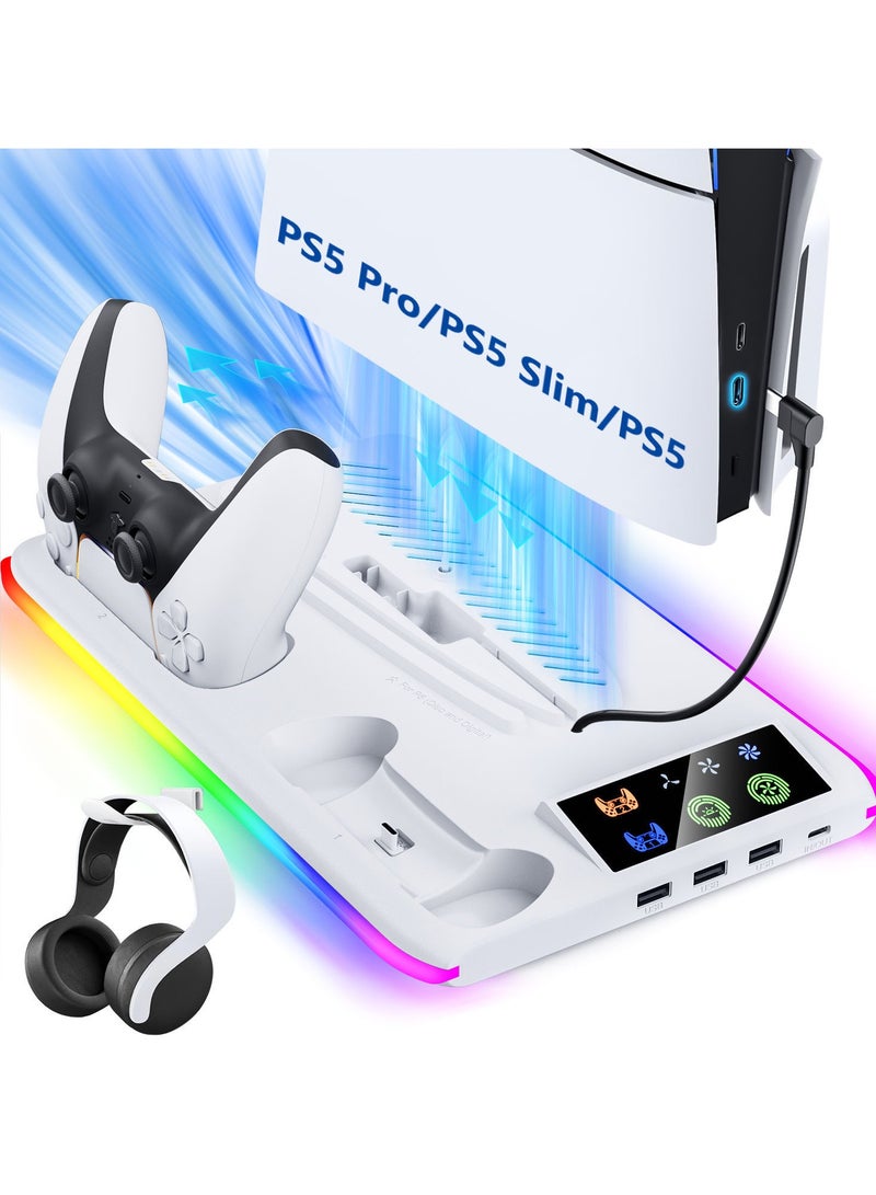 PS5 Standard/Slim/Pro Cooling Stand with Dual Controller Charging Dock with LED Light, Vertical Stand with Game Disc Storage, and Accessories for PlayStation 5 Console - Image 2