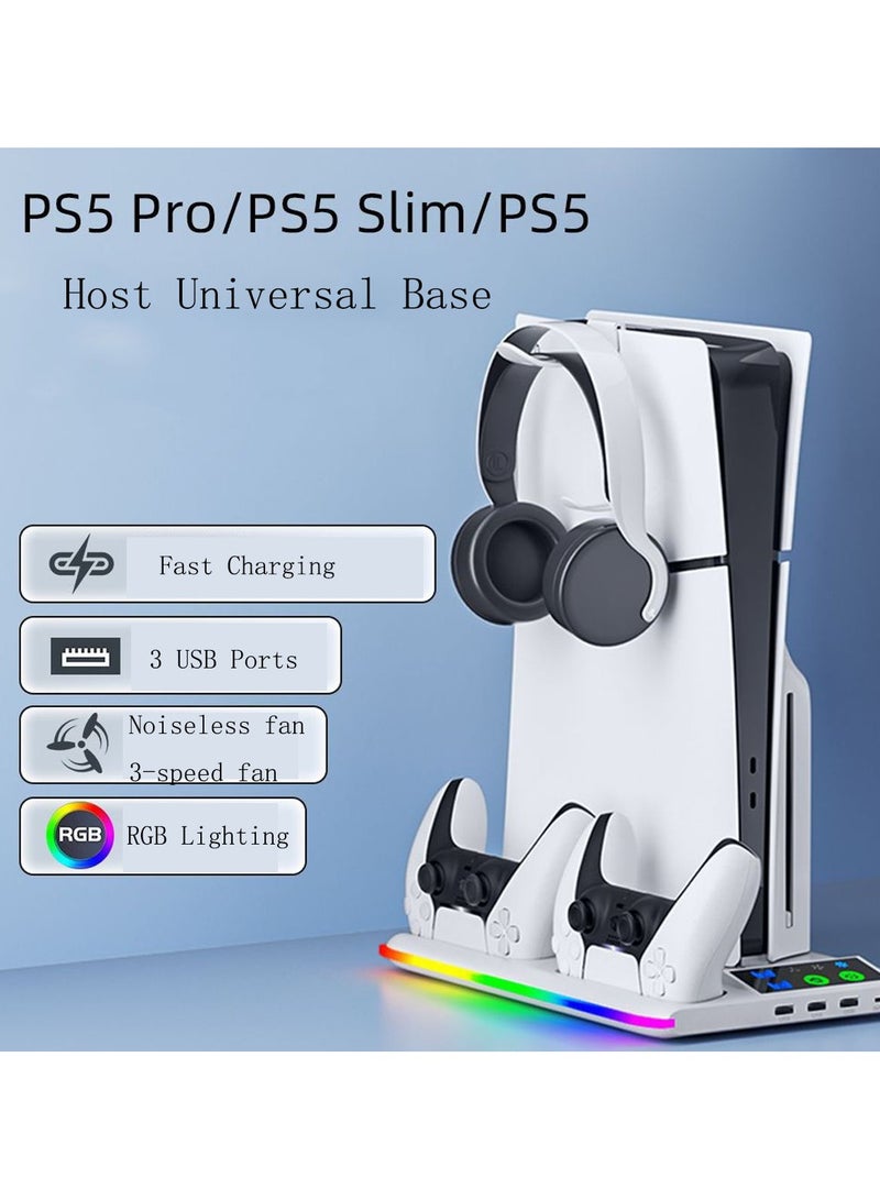PS5 Standard/Slim/Pro Cooling Stand with Dual Controller Charging Dock with LED Light, Vertical Stand with Game Disc Storage, and Accessories for PlayStation 5 Console - Image 1