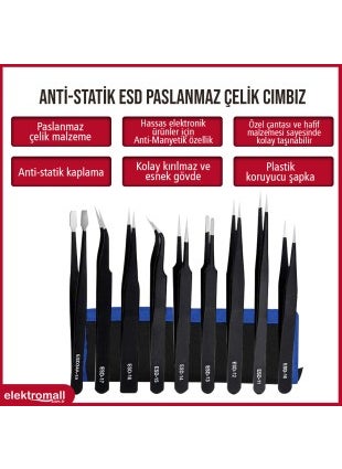 Elektromall 9 Pieces Esd Stainless Tweezers Set  - Image 2