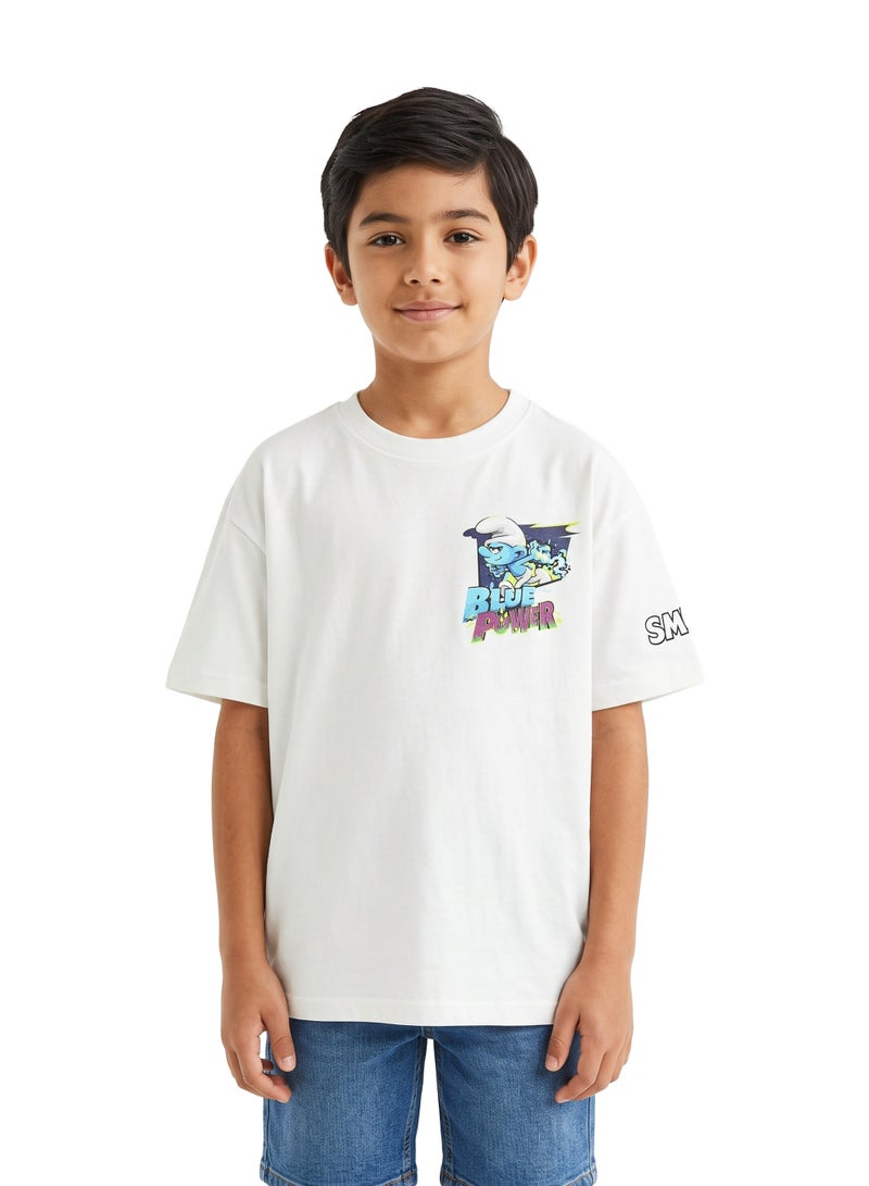 The Smurfs “Blue Power” Boys Regular T-Shirt | Character Back Print Graphic Casual Crew Neck Cotton Tee - Image 1