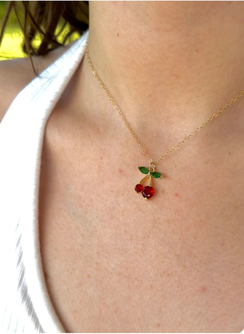 MANIKAN Women's Cute Cherry Necklace with Red Stone  Rust-Resistant Stainless Steel  - Image 2