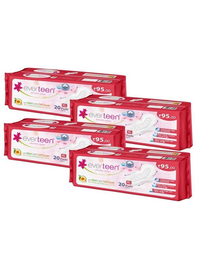 everteen Xl Soft Neem-Safflower Sanitary Pads For Women - 80 Pads, Rash Free, Anti Tan, Skin Friendly, Double Wing Shape, Advanced Leak Protection, X Large, 280Mm - 4 Pack (20 Pads Each, 280Mm)  - Image 1